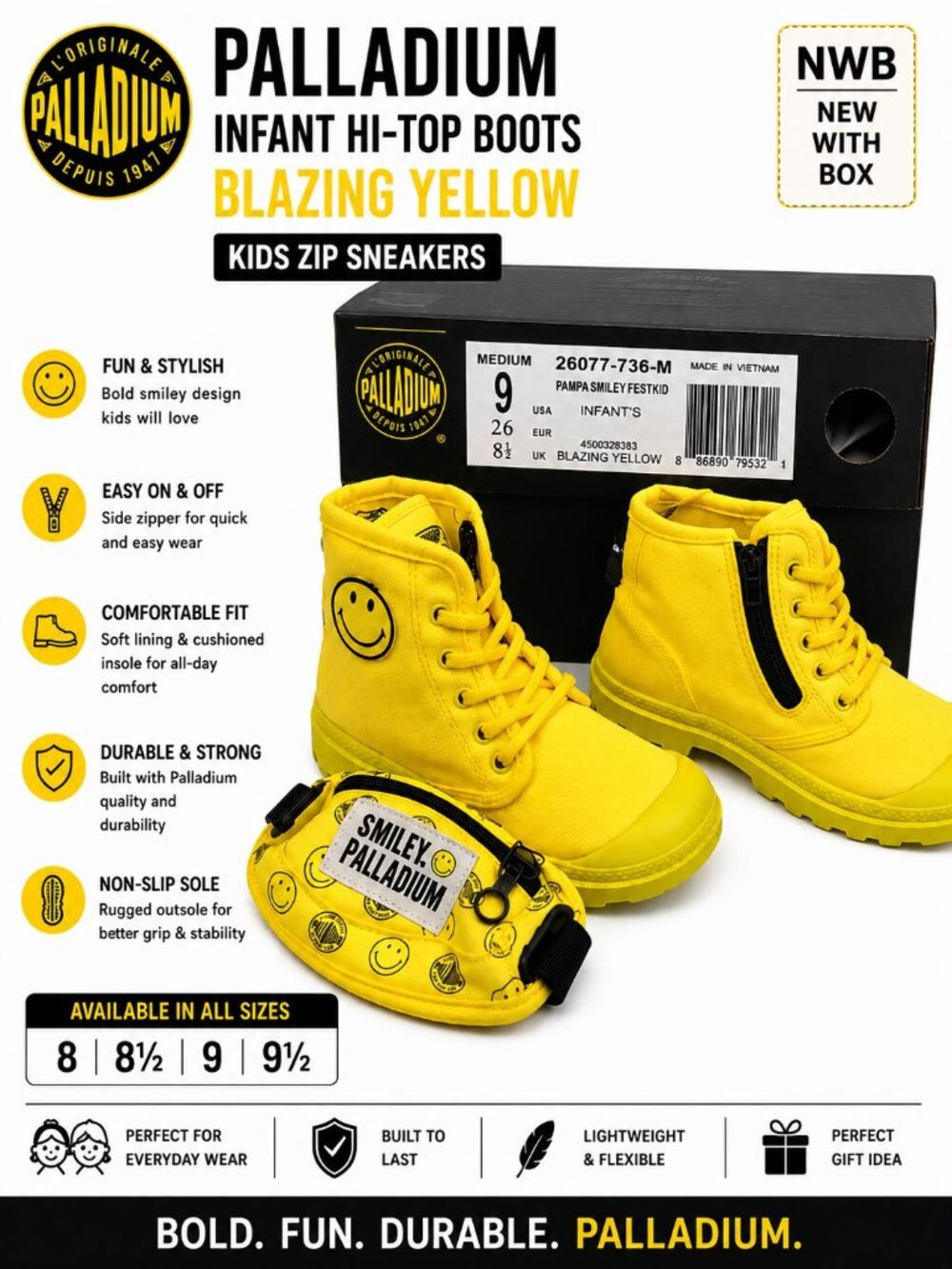 NWB Palladium Infants High Top Boots Zip Lace Up Shoes Unisex Baby
